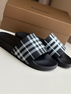 Burberry Black and White Plaid Slide Sandals
